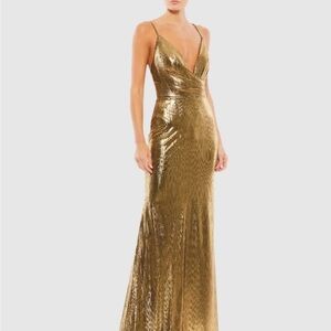 Gold metallic faux wrap spaghetti strap gown in Bronze